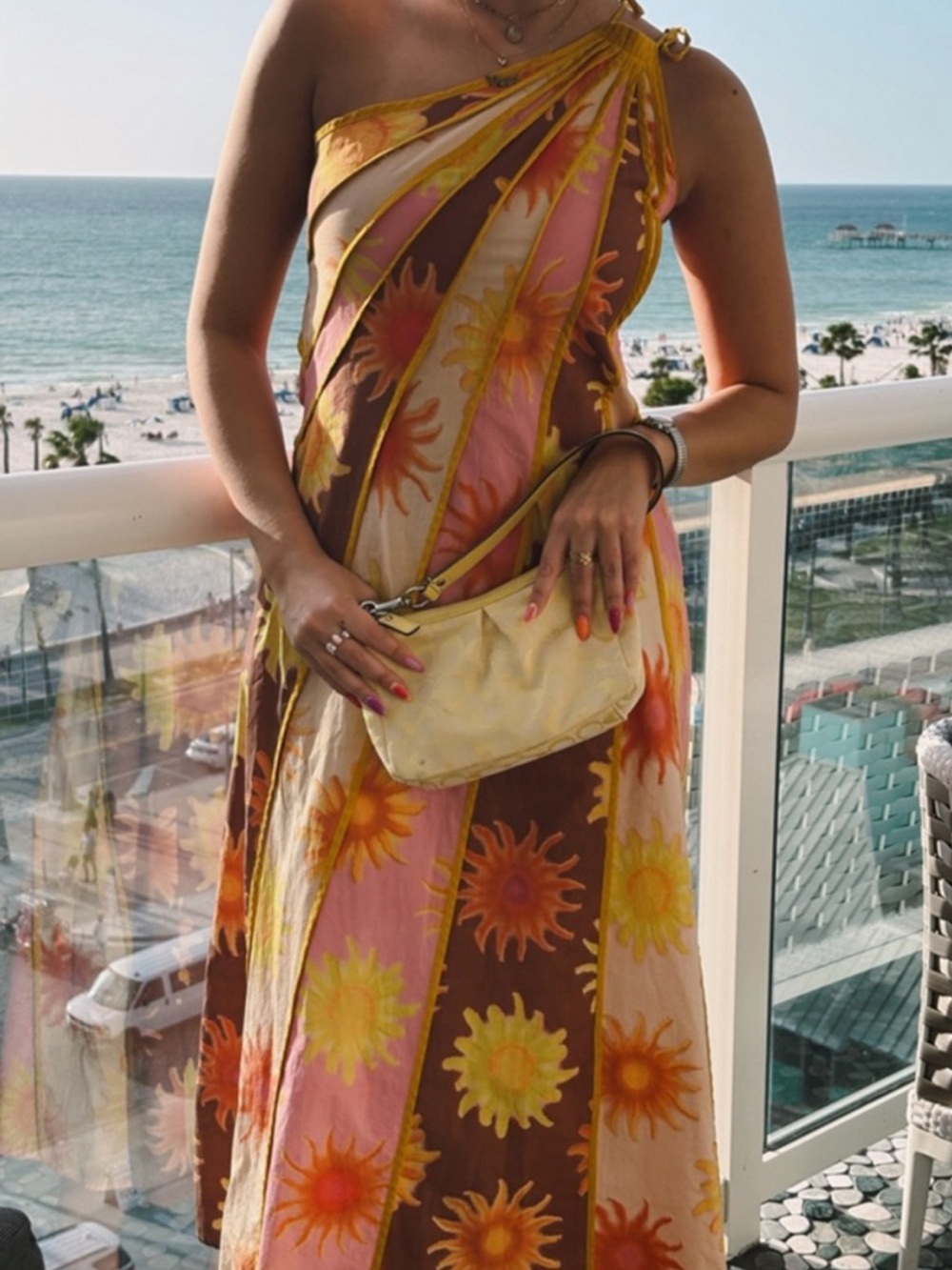 Farm Rio Sun print one shoulder seamed midi dress